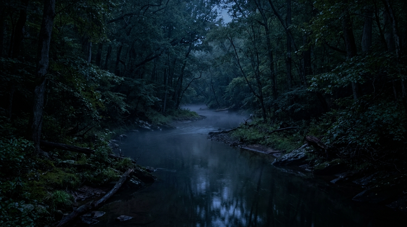 A dim creek winding through the Virginia woods at dusk